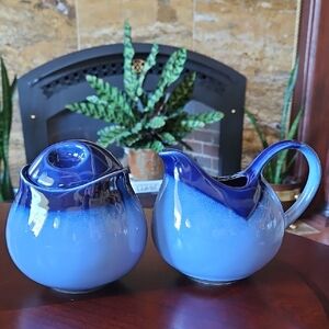 Ceramic Sango Nova Blue Creamer and Sugar, Set of 2